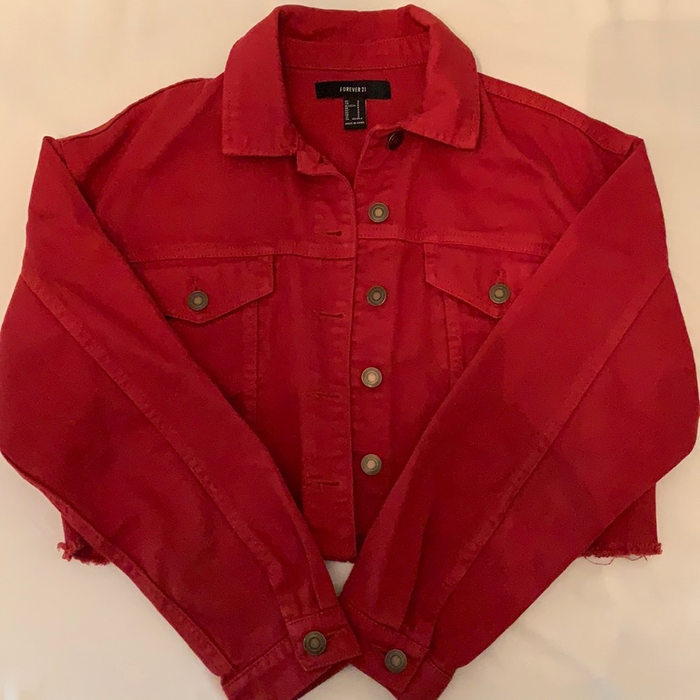 forever 21 womens red cropped button jean jacket